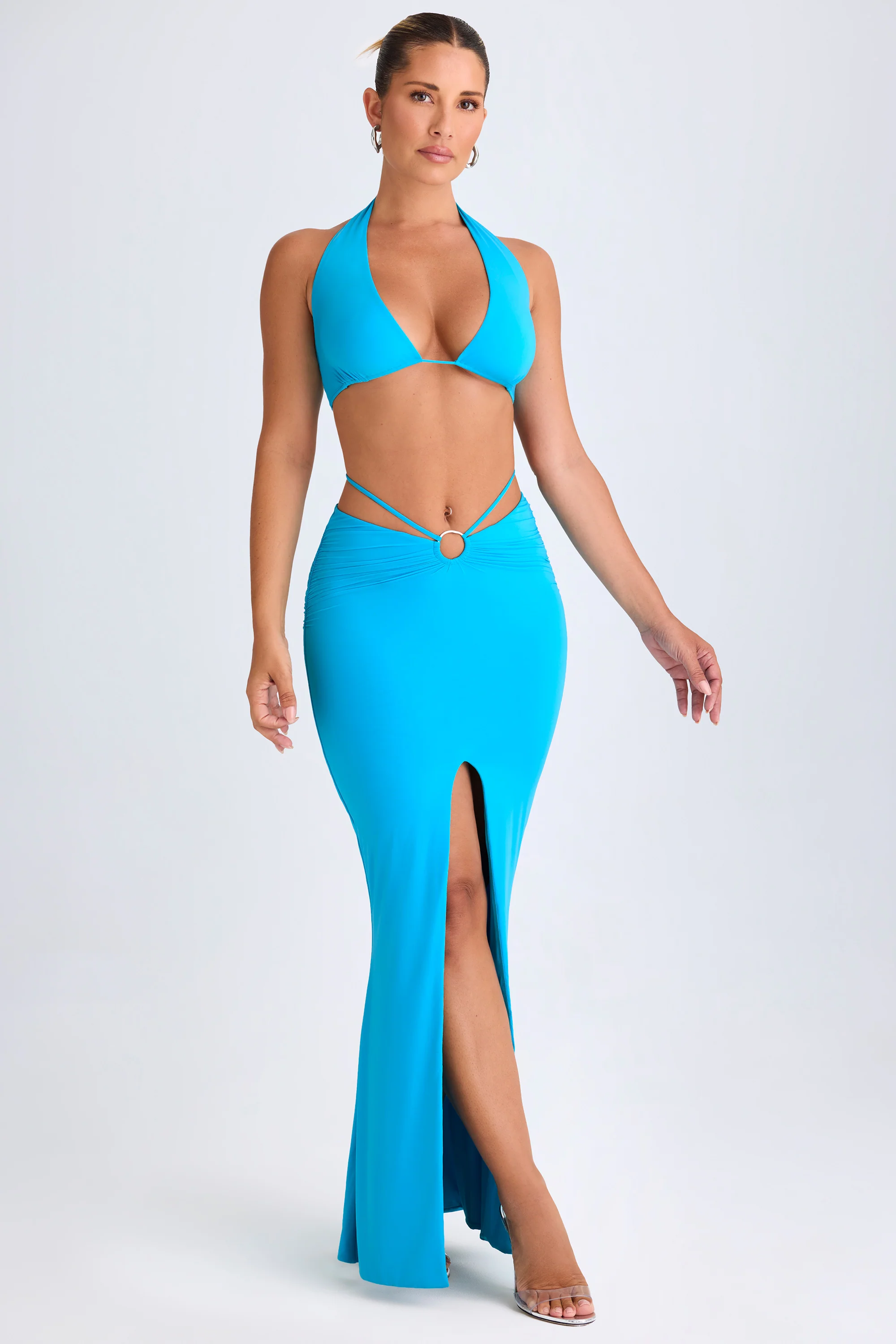 Plunge Hardware-Detail Halterneck Crop Top in Aqua Blue - Image 6