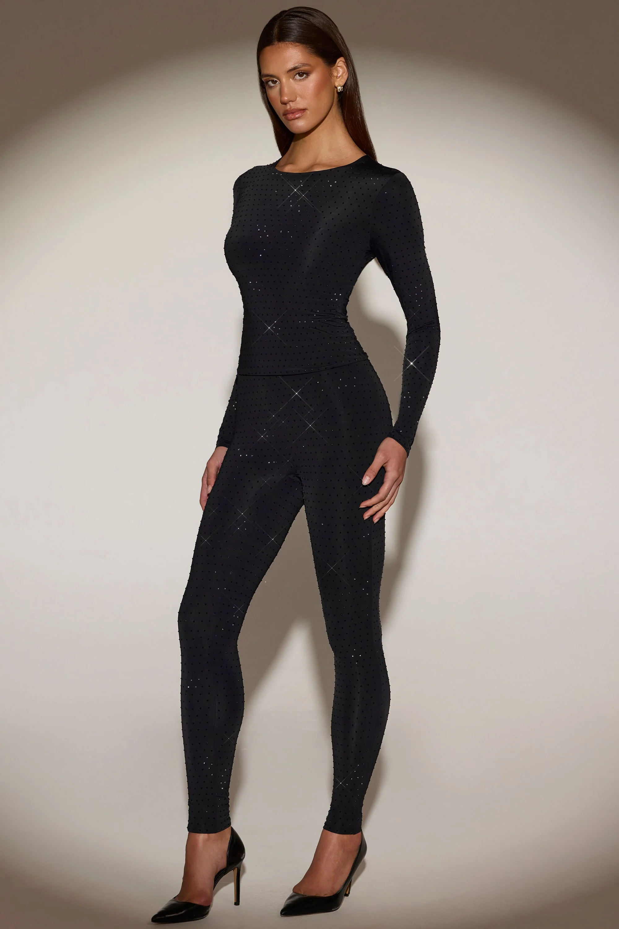 Embellished Crew-Neck Long-Sleeve Top in Black - Image 7