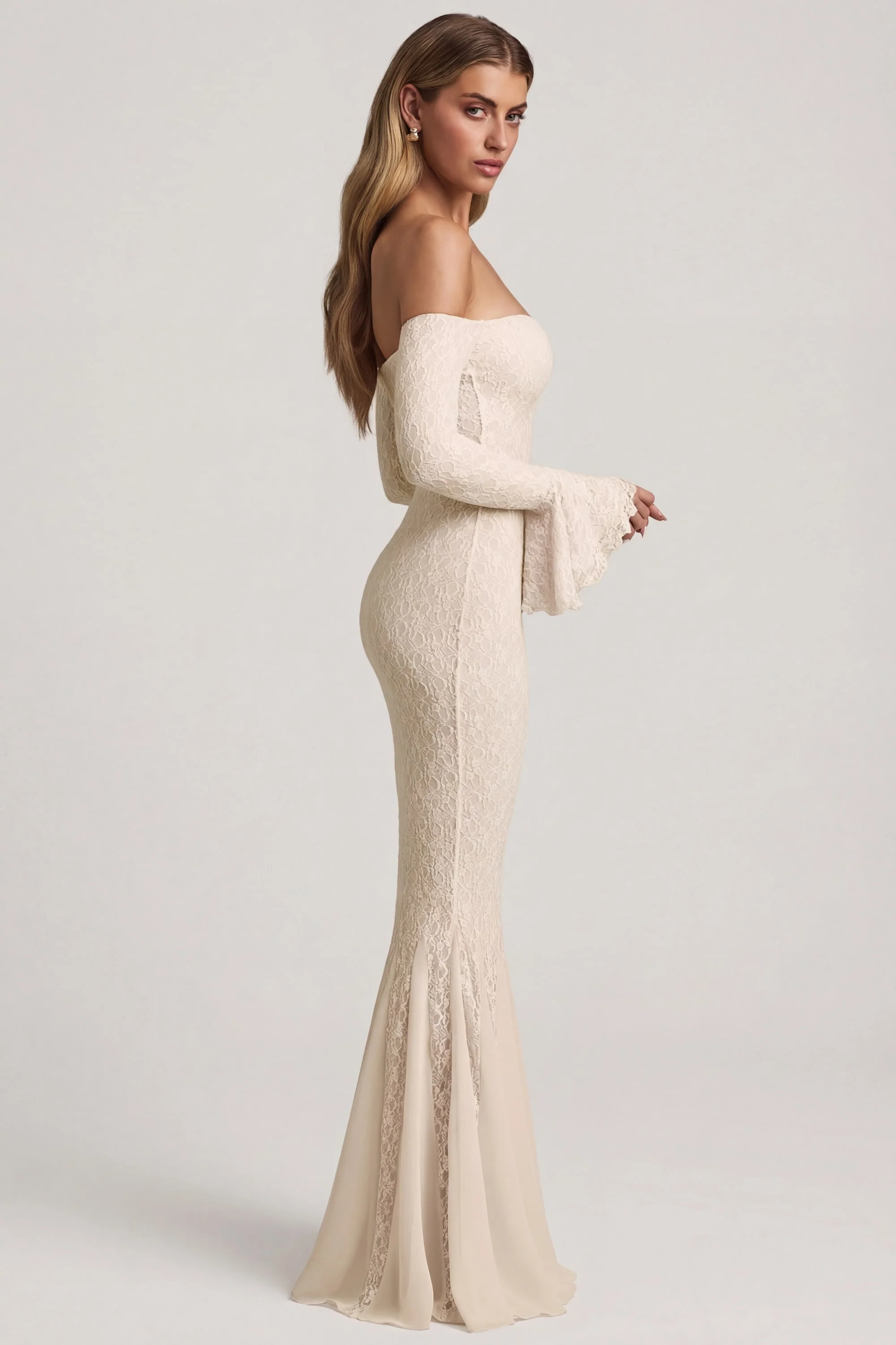 Off-Shoulder Ruffle Lace Maxi Dress in Ivory - Image 3