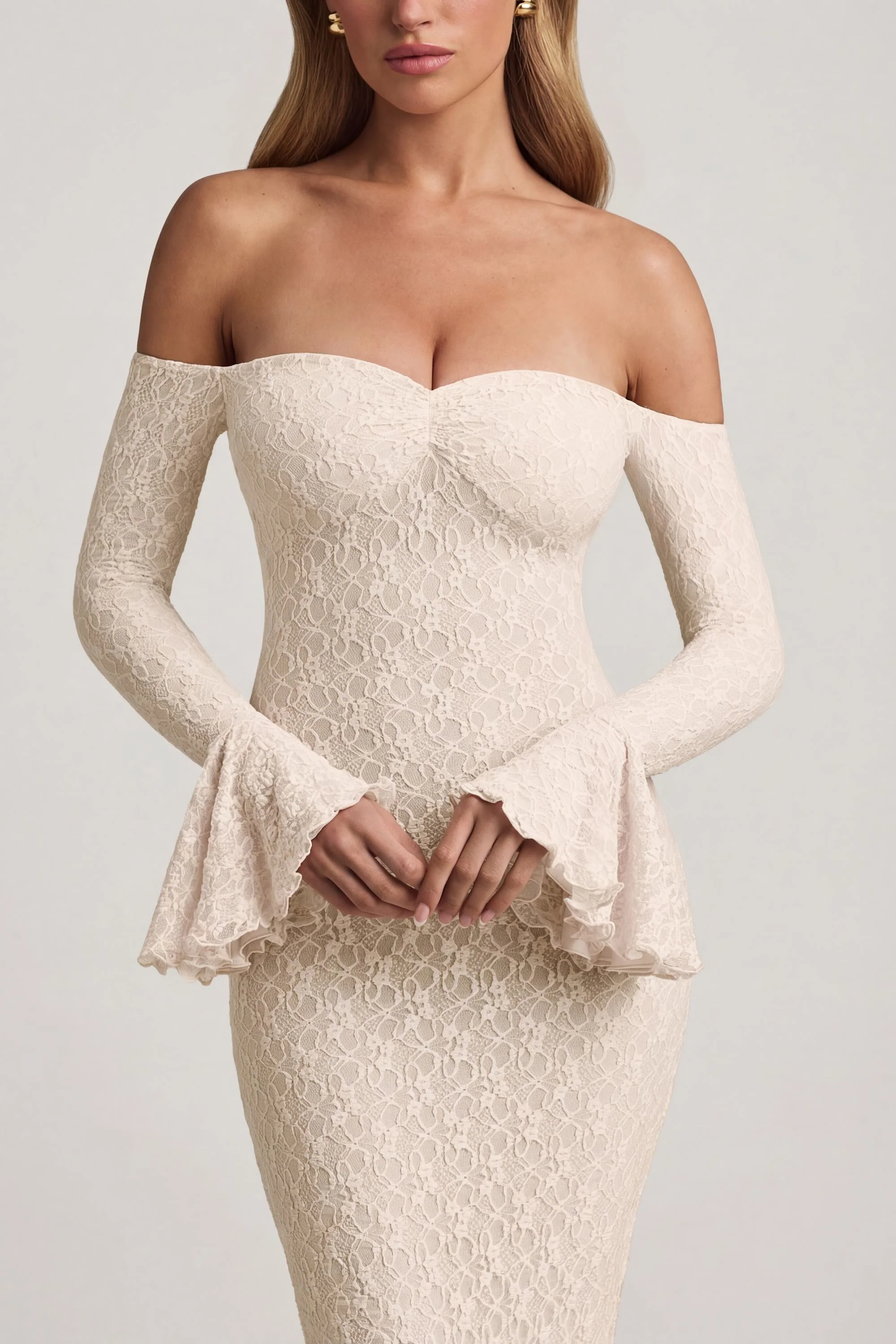 Off-Shoulder Ruffle Lace Maxi Dress in Ivory - Image 4