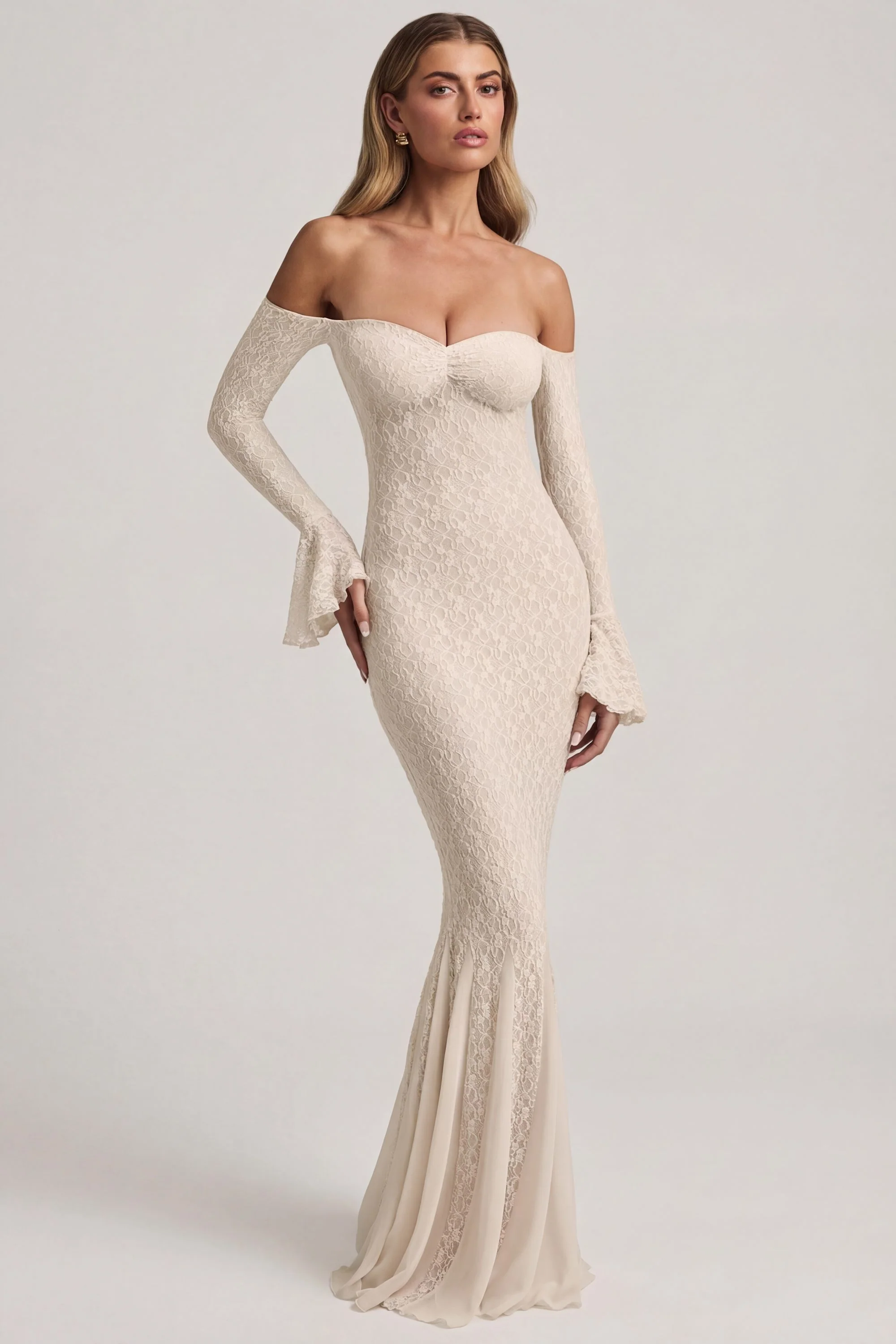 Off-Shoulder Ruffle Lace Maxi Dress in Ivory - Image 5