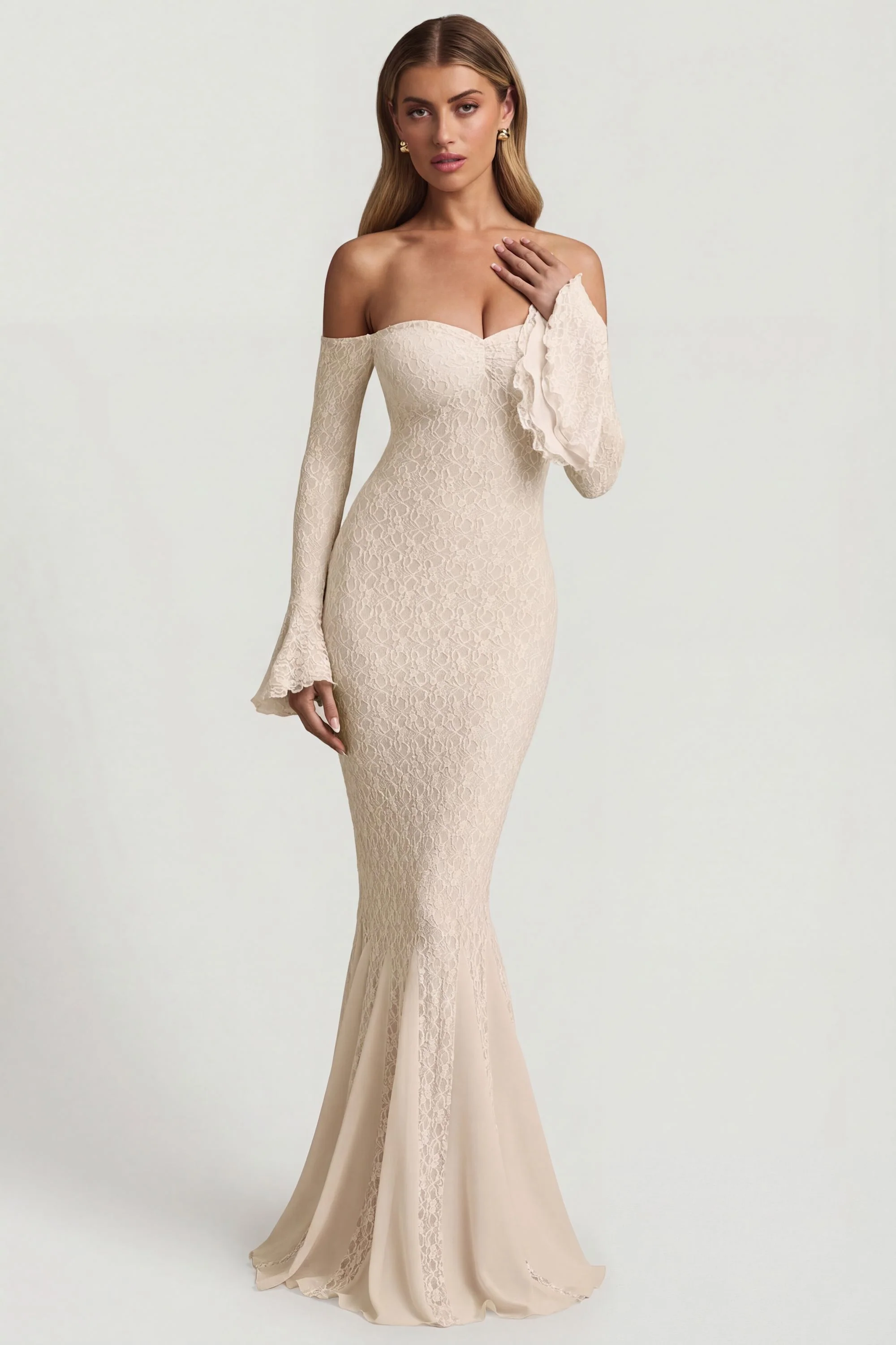 Off-Shoulder Ruffle Lace Maxi Dress in Ivory - Image 6