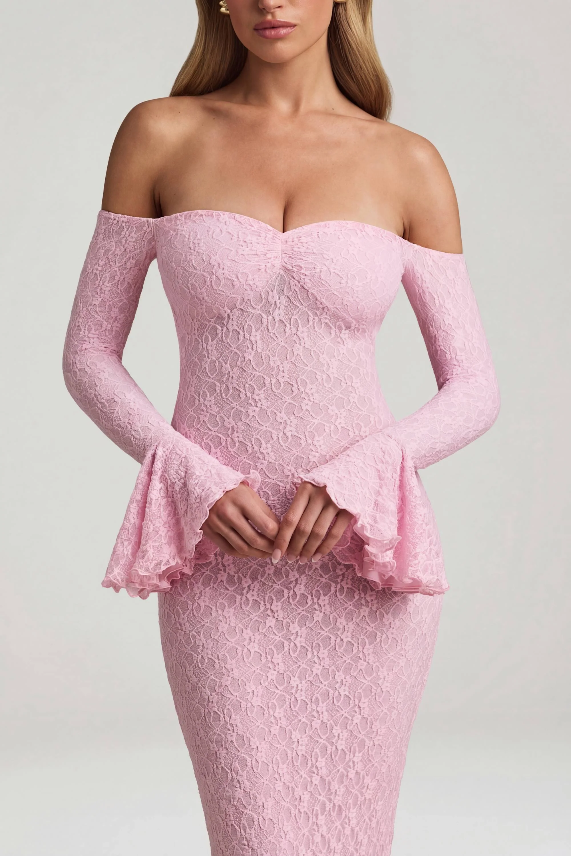 Off-Shoulder Ruffle Lace Maxi Dress in Soft Pink - Image 4