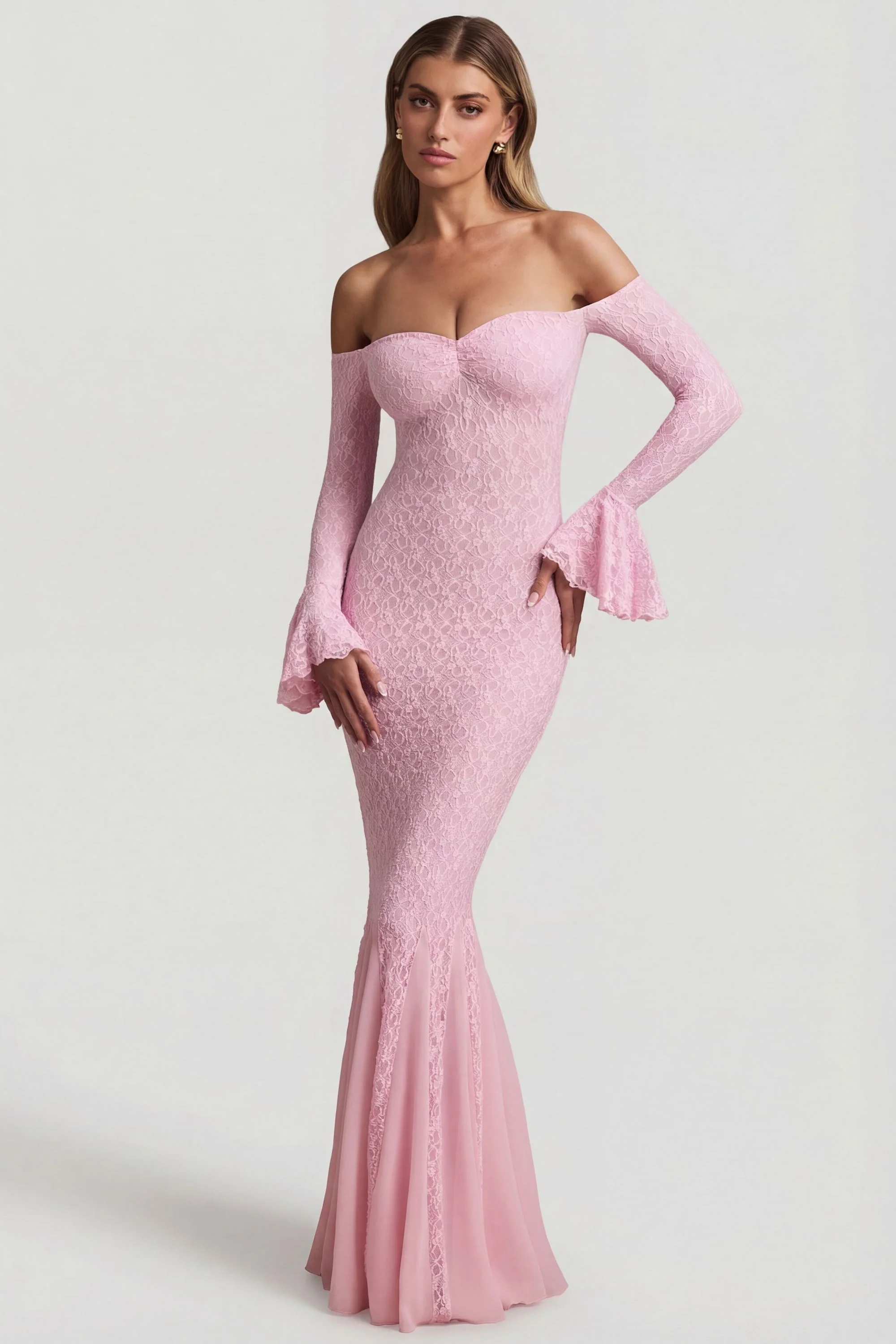 Off-Shoulder Ruffle Lace Maxi Dress in Soft Pink - Image 5