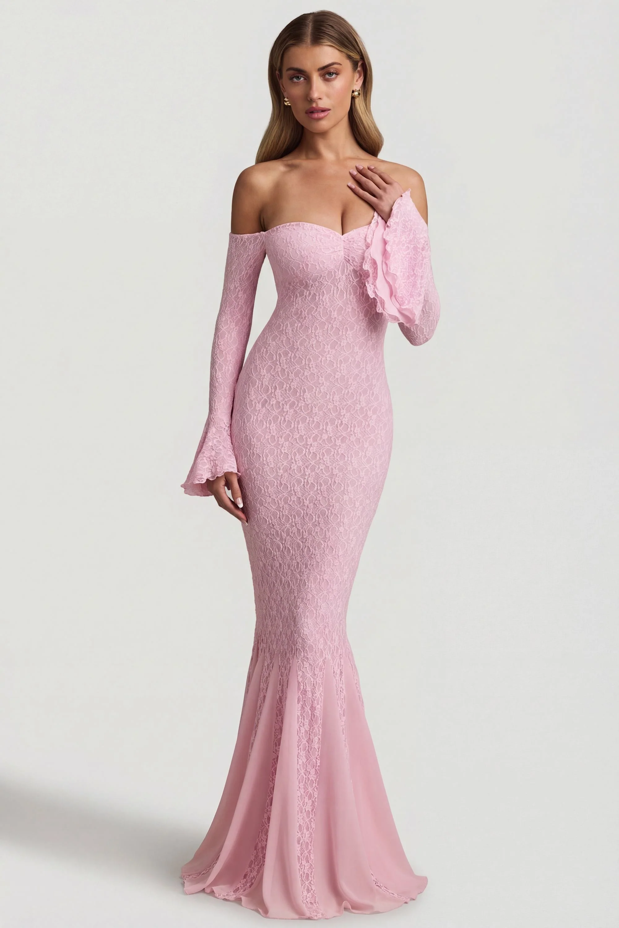 Off-Shoulder Ruffle Lace Maxi Dress in Soft Pink - Image 8