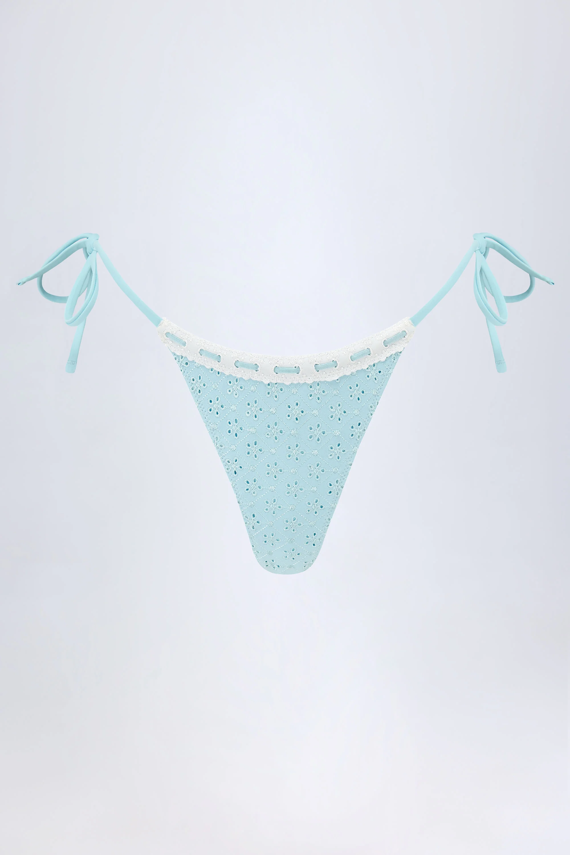 Broderie Anglaise Side-Tie Thong Bikini Bottoms in Powder Blue - Image 2