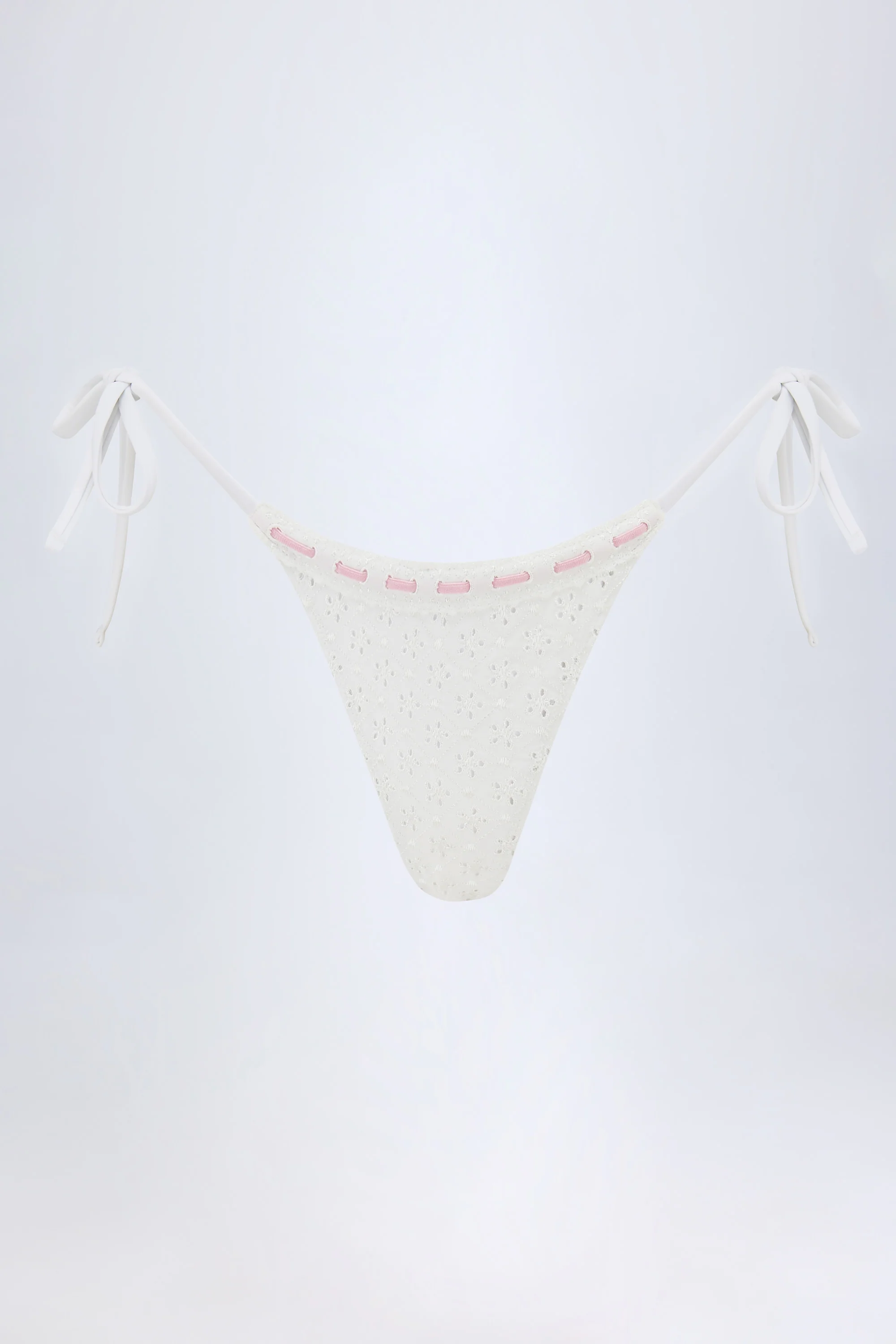 Broderie Anglaise Side-Tie Thong Bikini Bottoms in White - Image 2