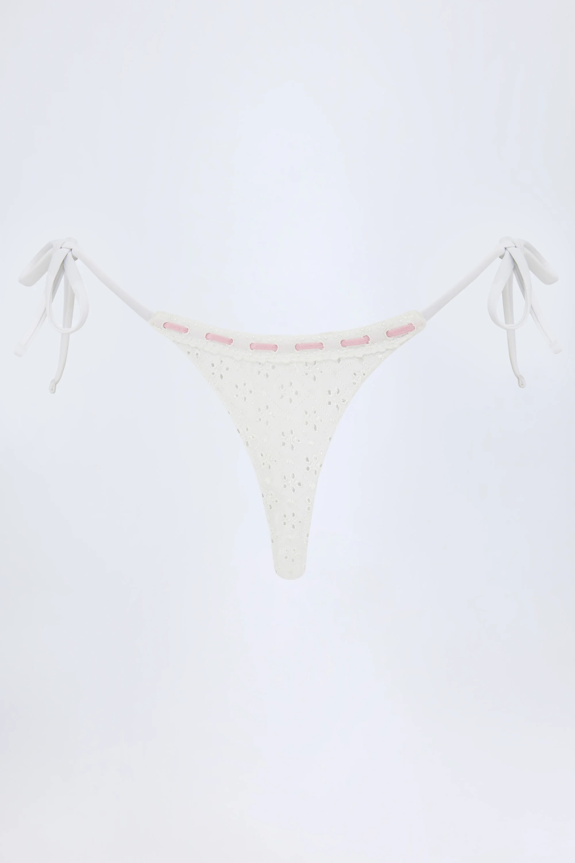 Broderie Anglaise Side-Tie Thong Bikini Bottoms in White - Image 3