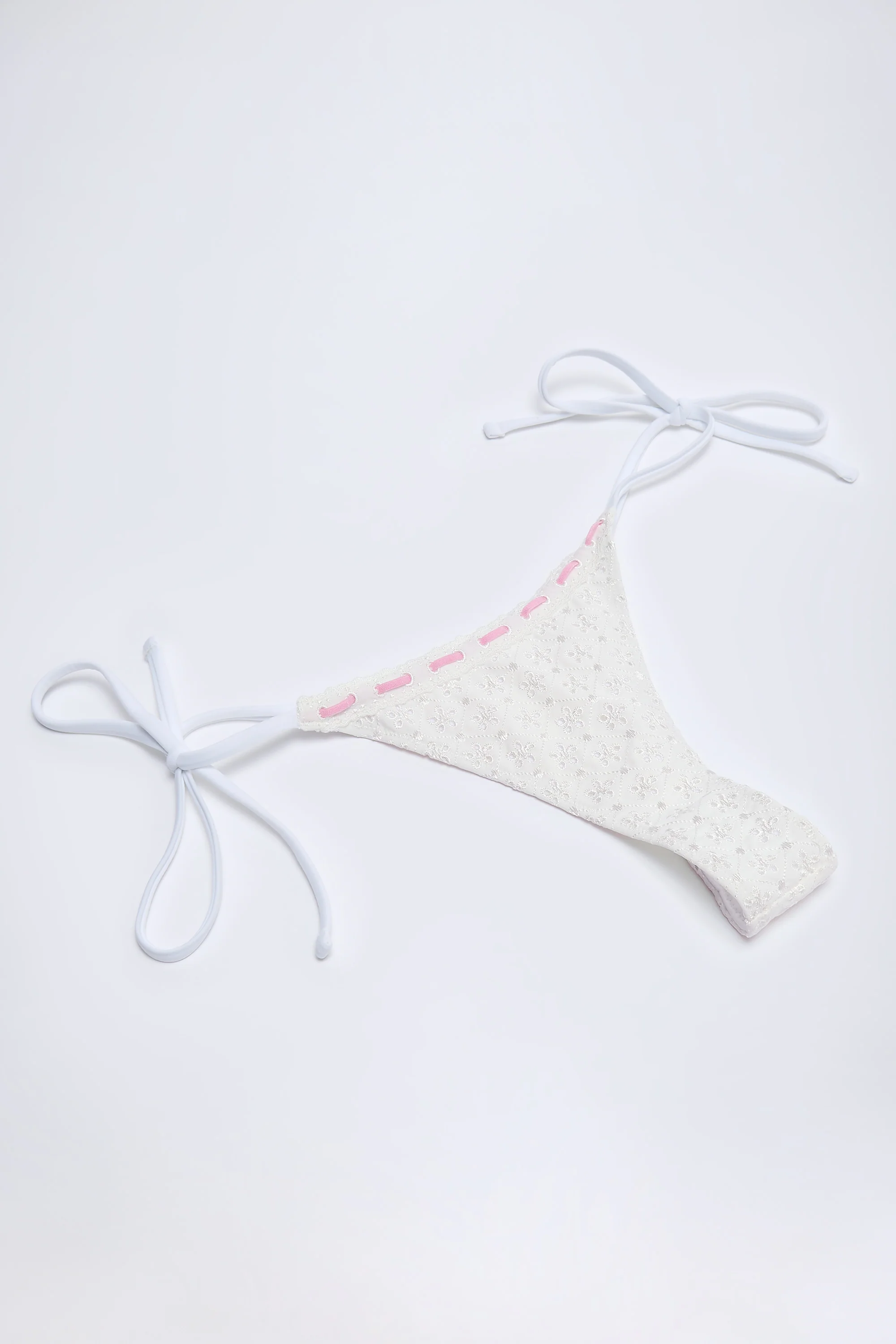 Broderie Anglaise Side-Tie Thong Bikini Bottoms in White - Image 4