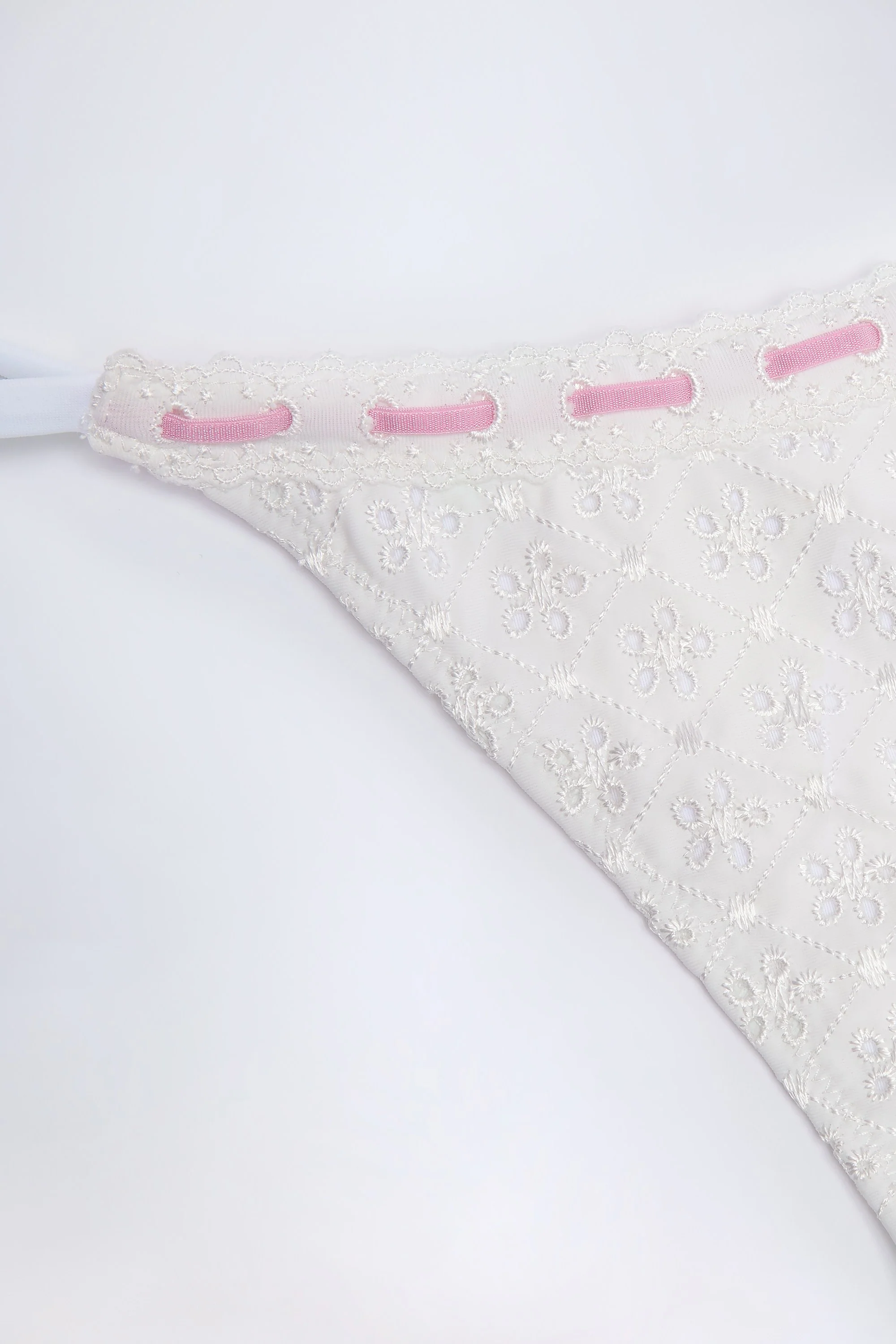 Broderie Anglaise Side-Tie Thong Bikini Bottoms in White - Image 5