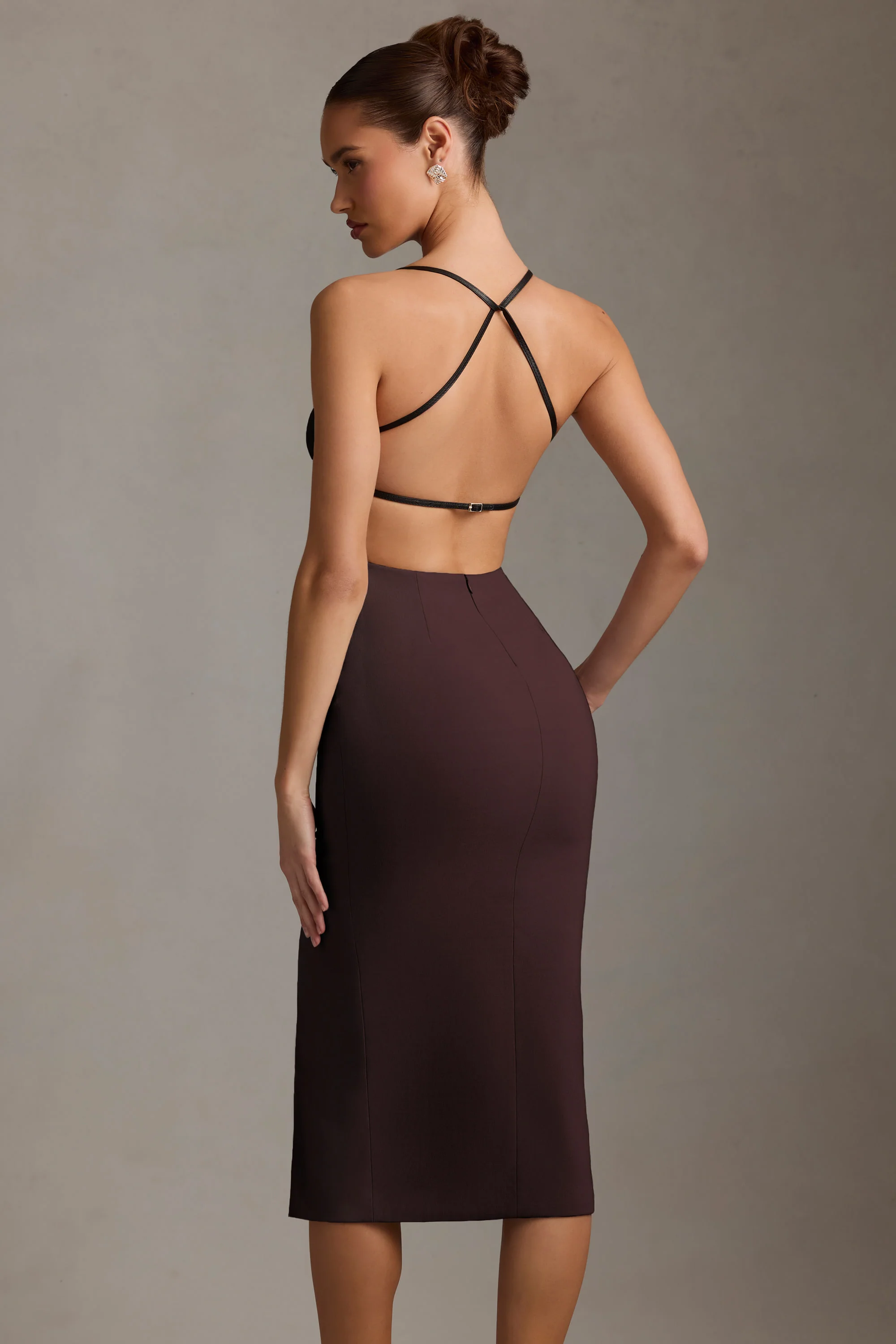 Plunge-Neck Backless Midaxi Dress in Chocolate Brown - Image 2