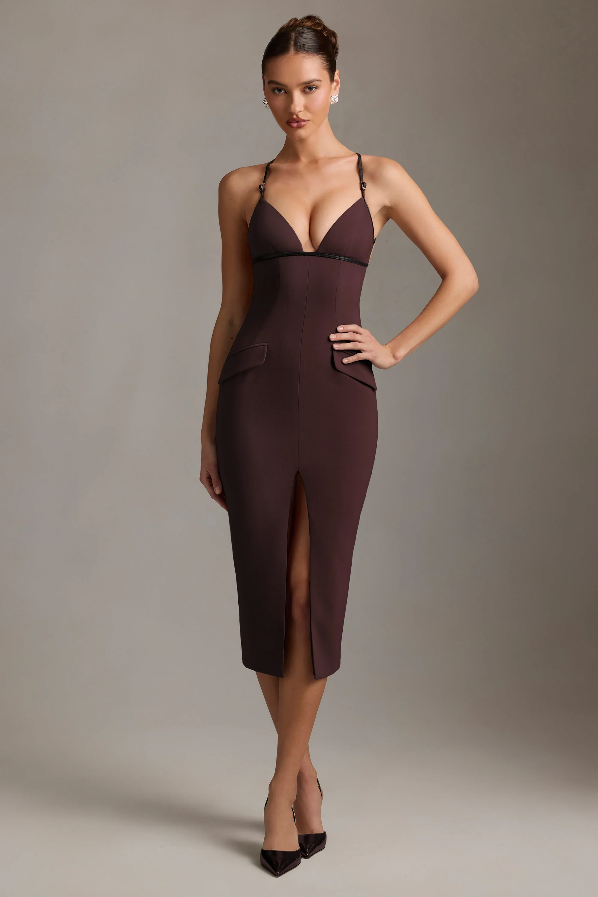Plunge-Neck Backless Midaxi Dress in Chocolate Brown - Image 5