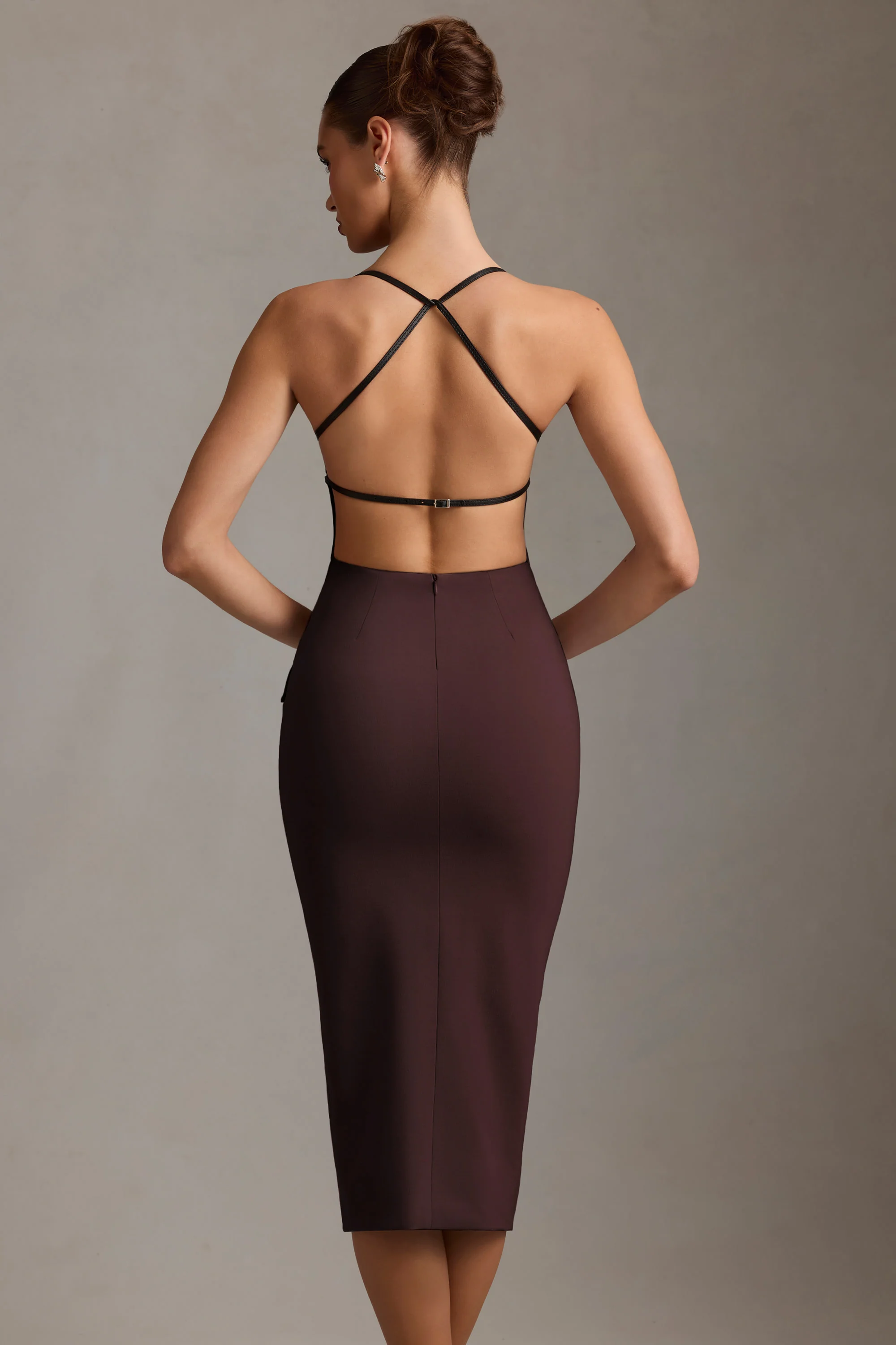 Plunge-Neck Backless Midaxi Dress in Chocolate Brown - Image 7
