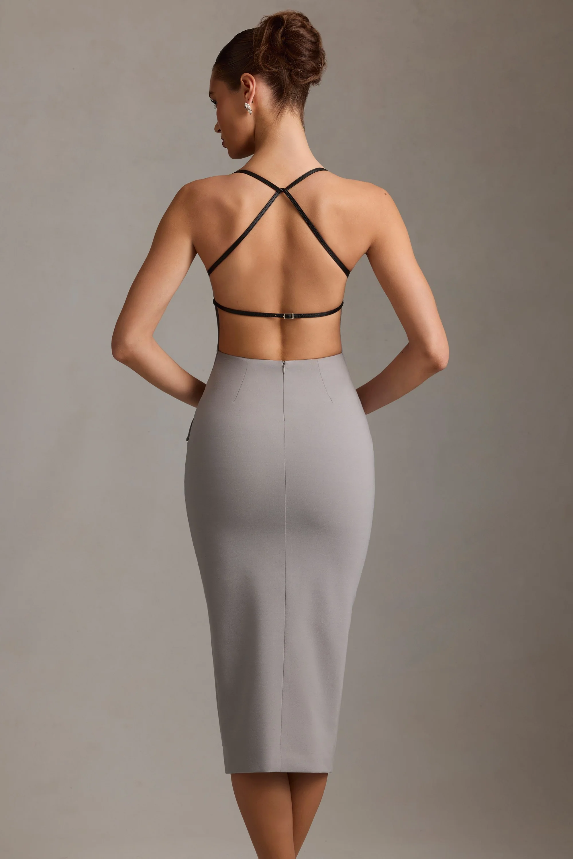 Plunge-Neck Backless Midaxi Dress in Grey - Image 8