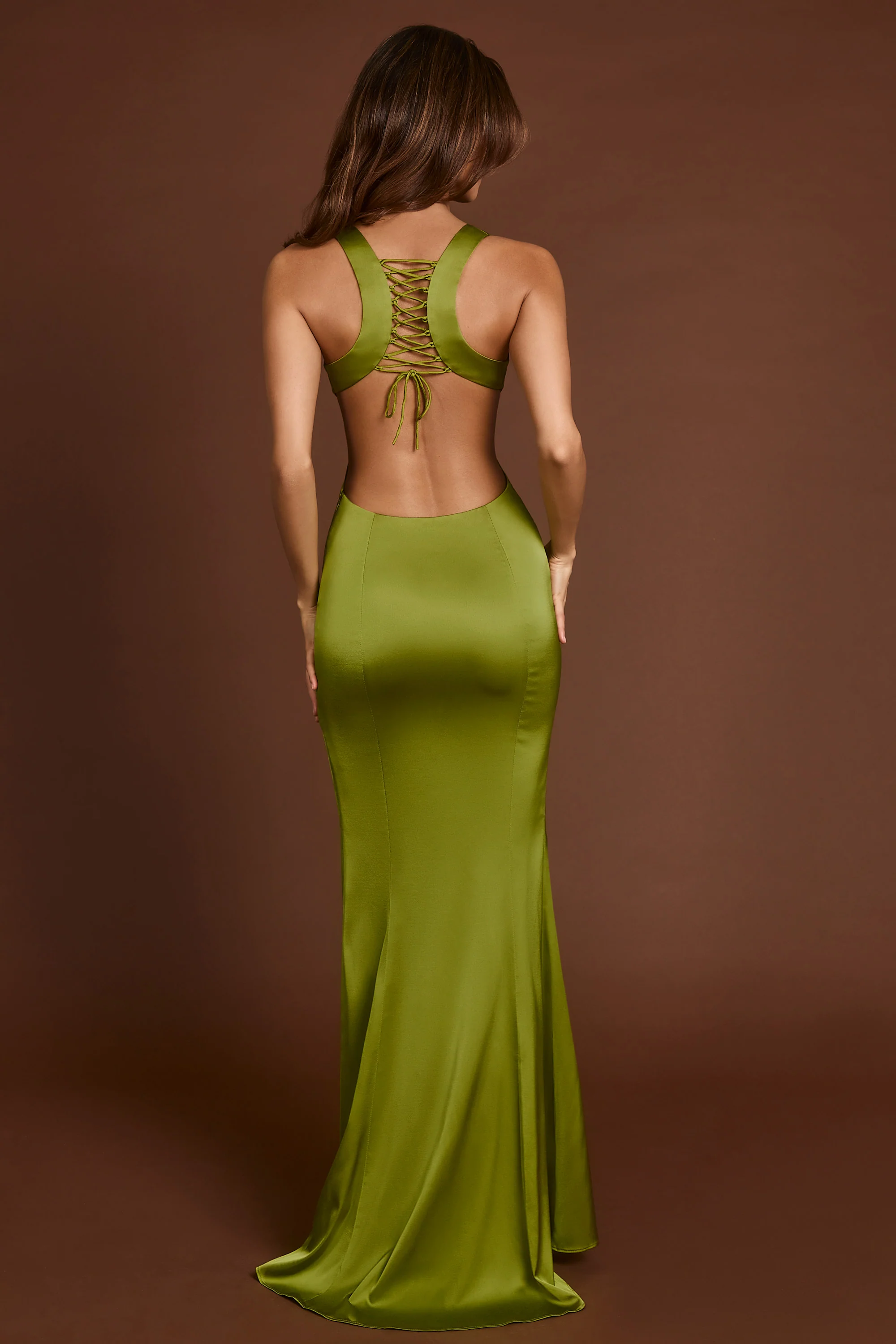 Scoop-Neck Lace-up Back Maxi Dress in Olive Green - Image 2