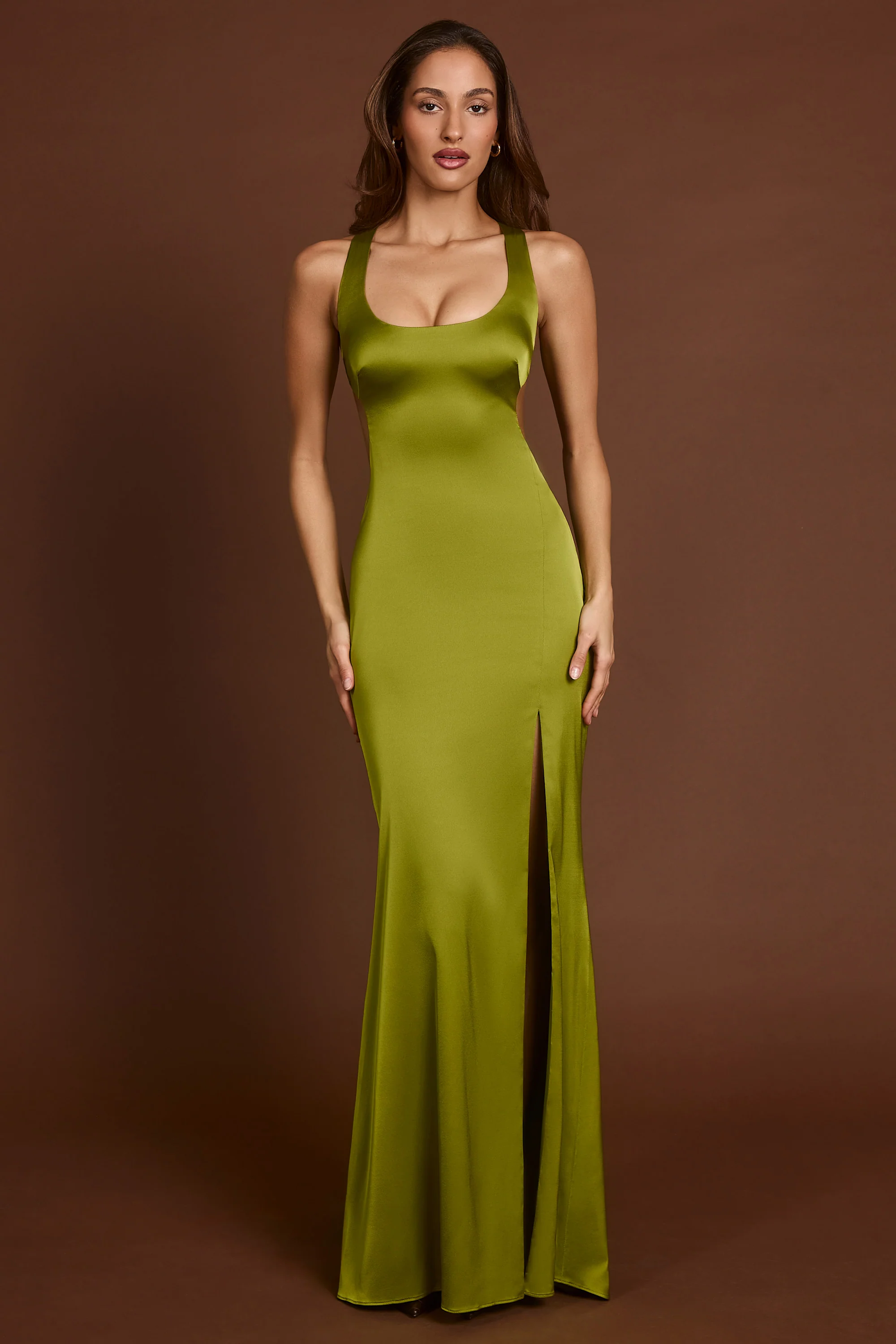 Scoop-Neck Lace-up Back Maxi Dress in Olive Green - Image 5