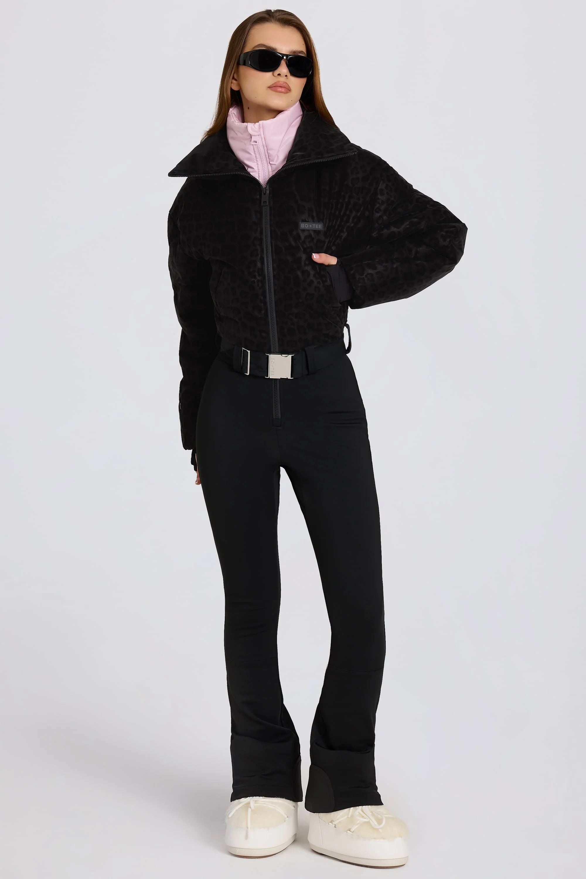 Waterproof Belted Layered Ski Suit in Black Leopard