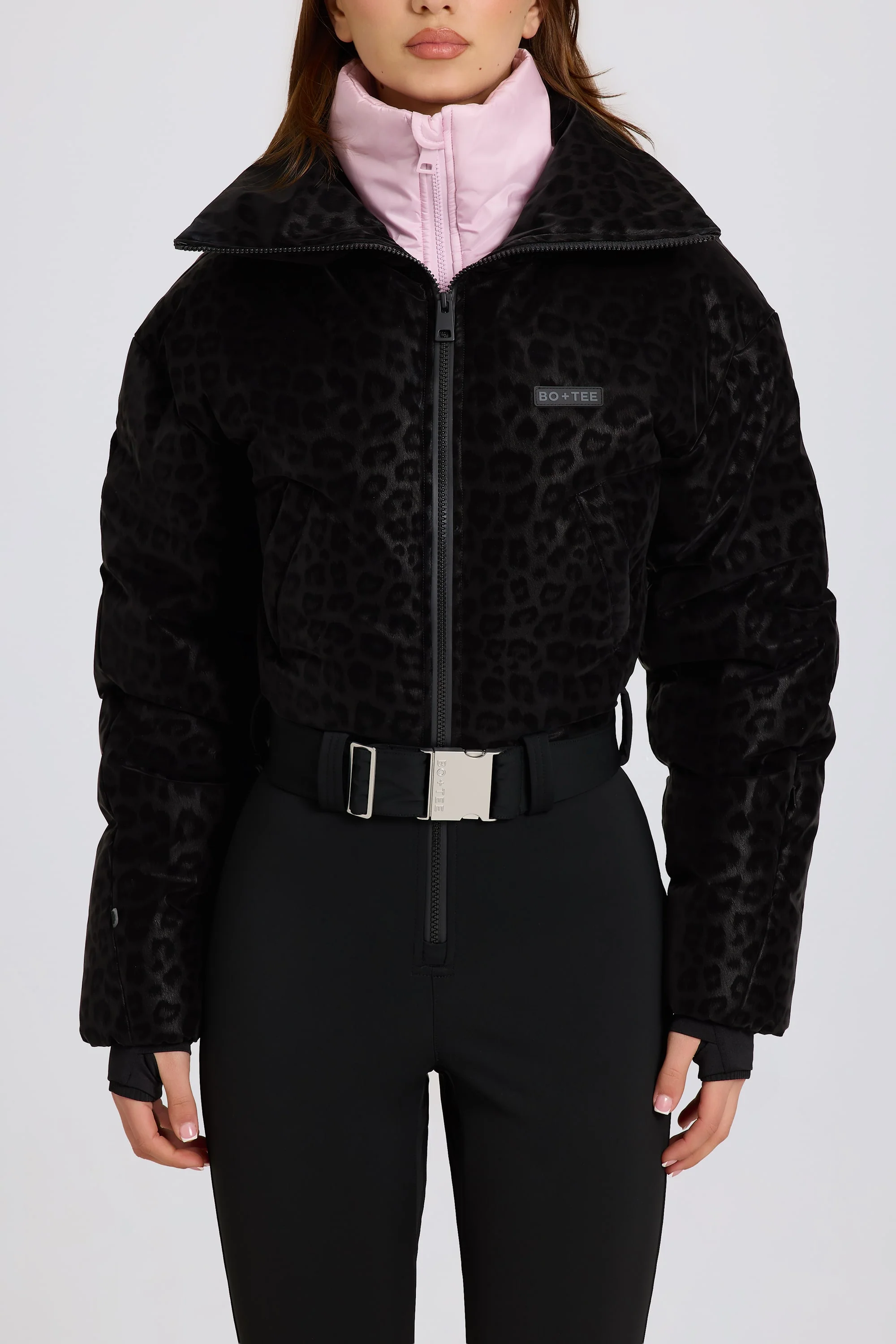 Waterproof Belted Layered Ski Suit in Black Leopard - Image 4