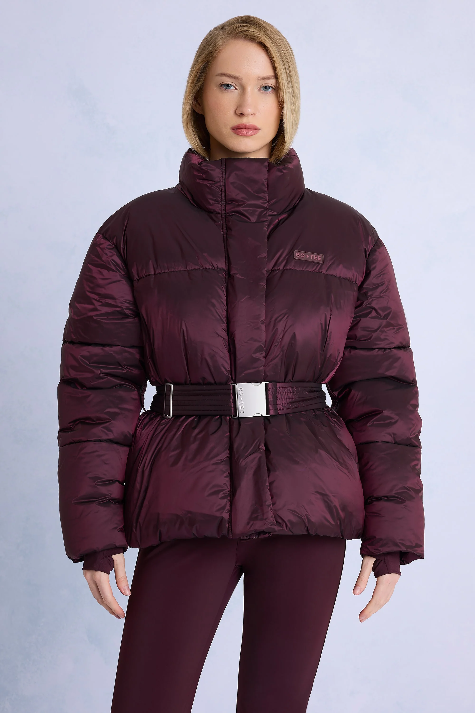 Waterproof Belted Oversized Ski Jacket in Burgundy