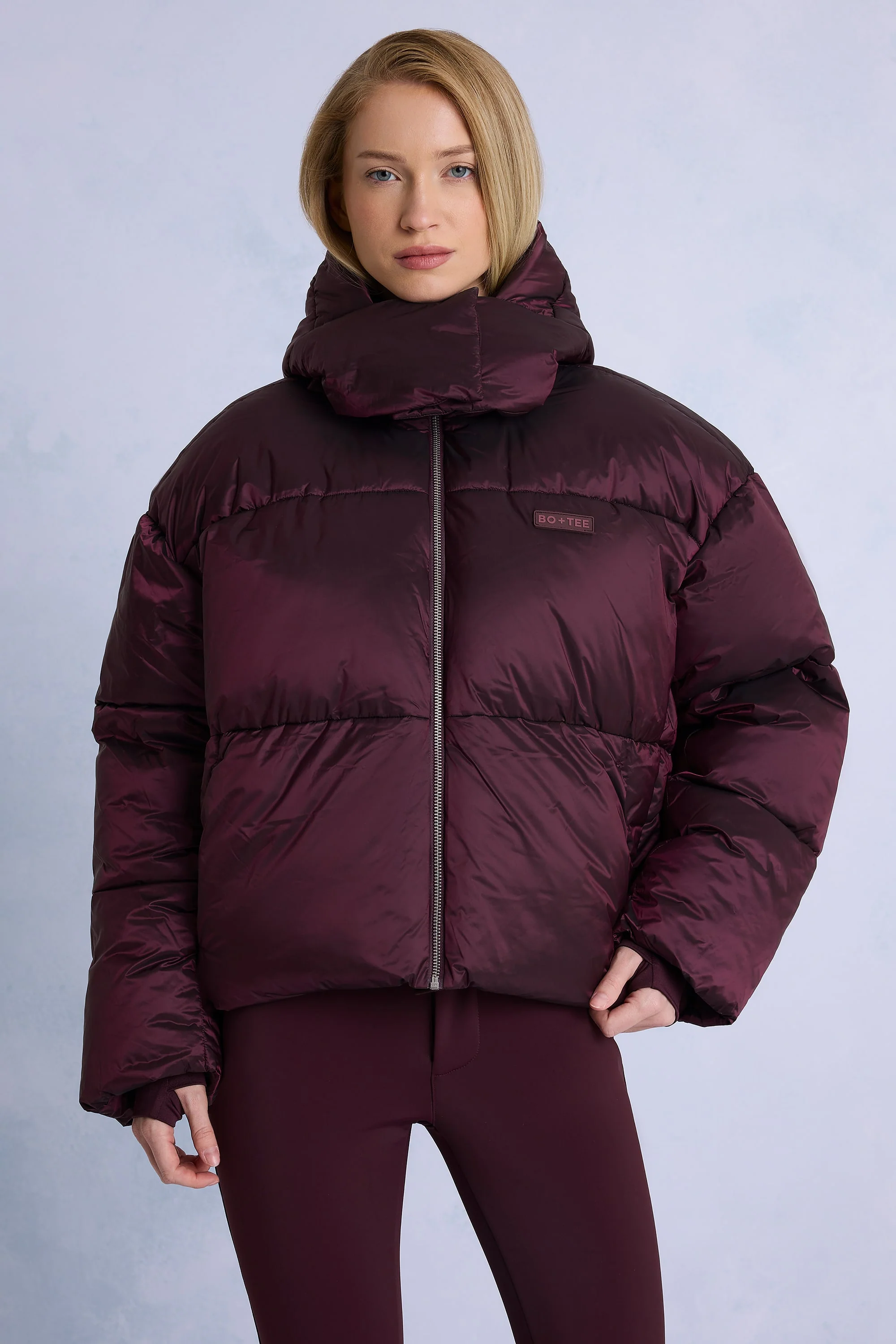 Waterproof Cropped Oversized Ski Jacket in Burgundy - Image 2