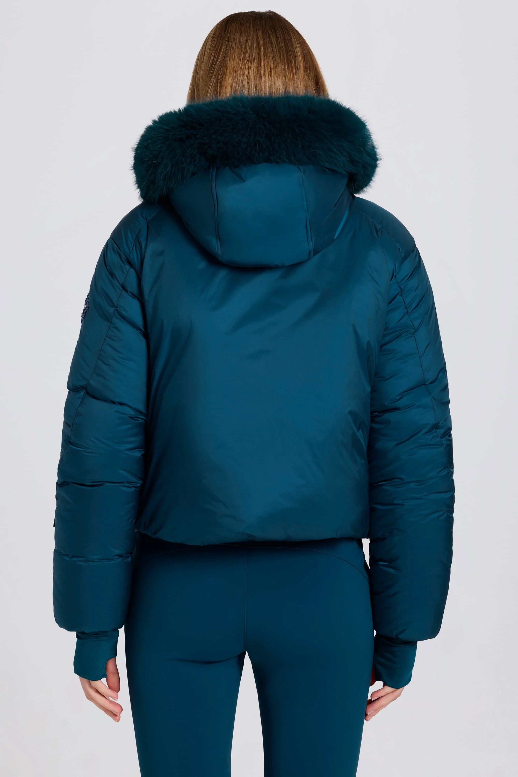 Waterproof Faux-Fur Hood Cropped Ski Jacket in Teal - Image 2