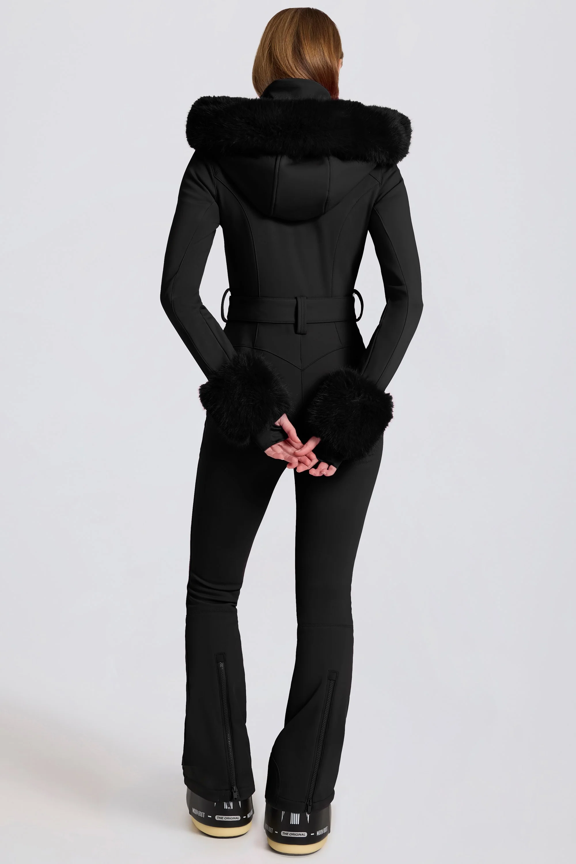 Waterproof Faux-Fur Hood Fitted Ski Suit in Black - Image 3