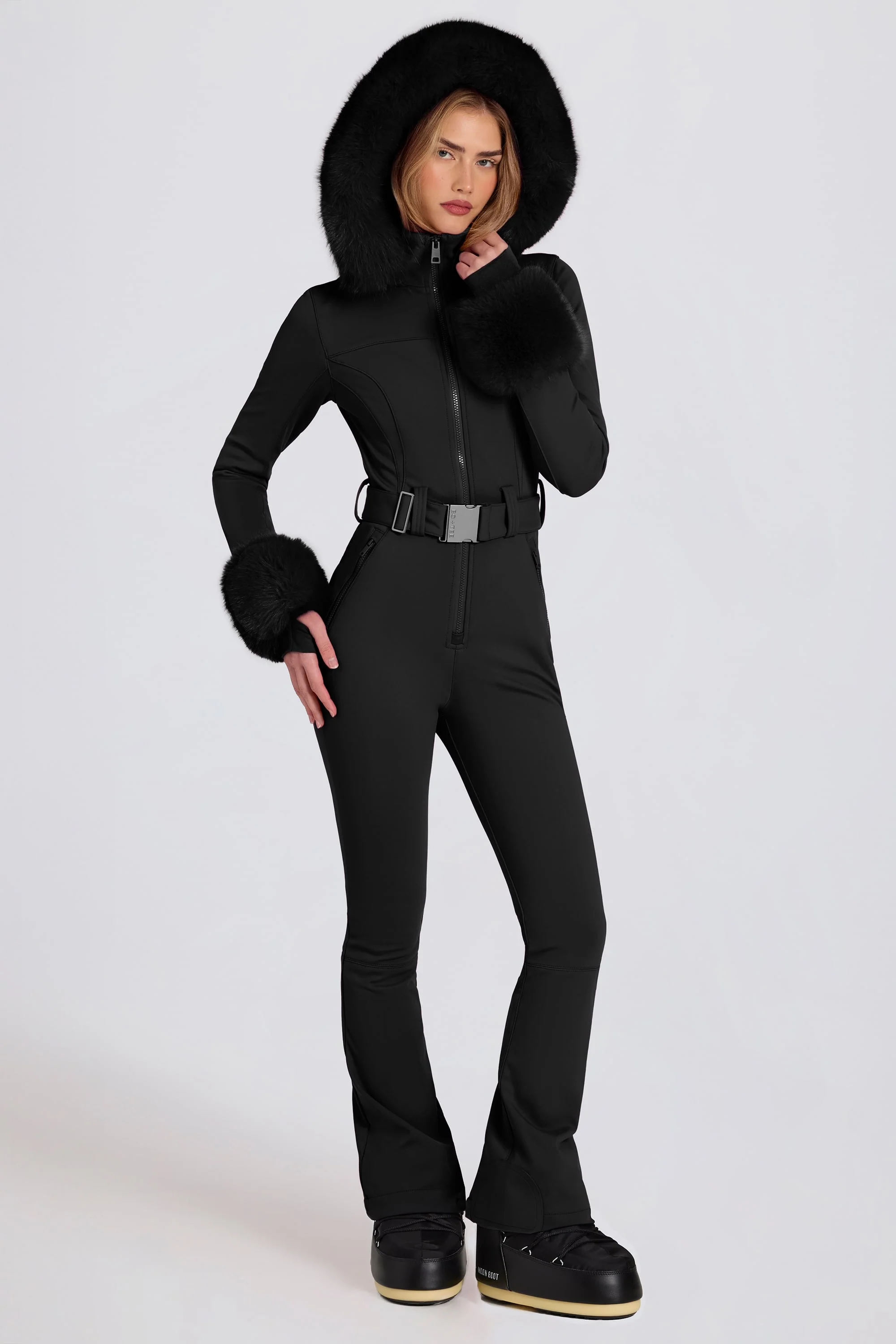 Waterproof Faux-Fur Hood Fitted Ski Suit in Black - Image 7