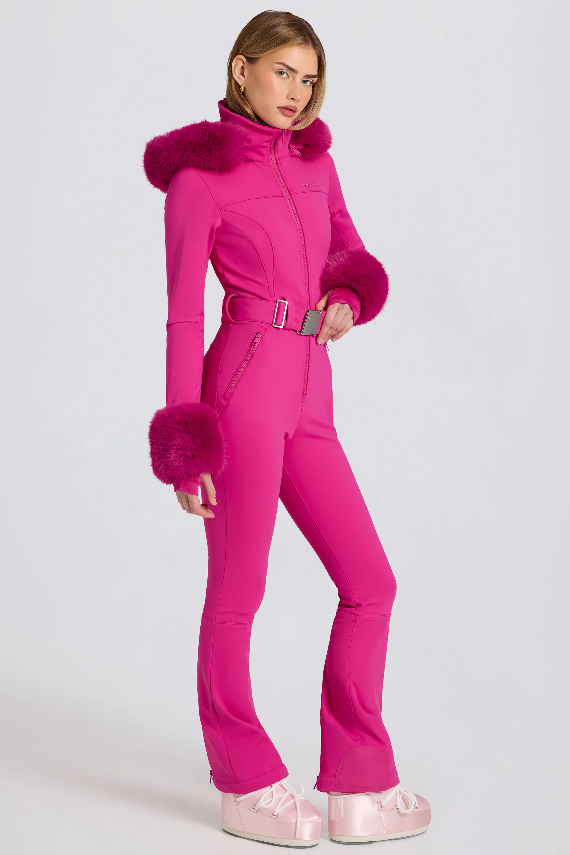 Waterproof Faux-Fur Hood Fitted Ski Suit in Magenta Pink - Image 4