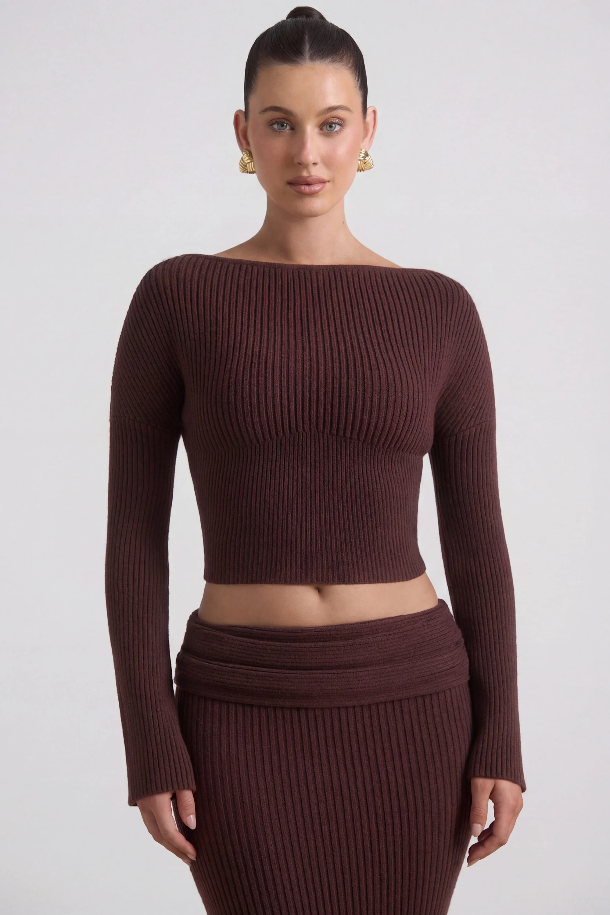 Ribbed-Knit Slash-Neck Top in Espresso - Image 8