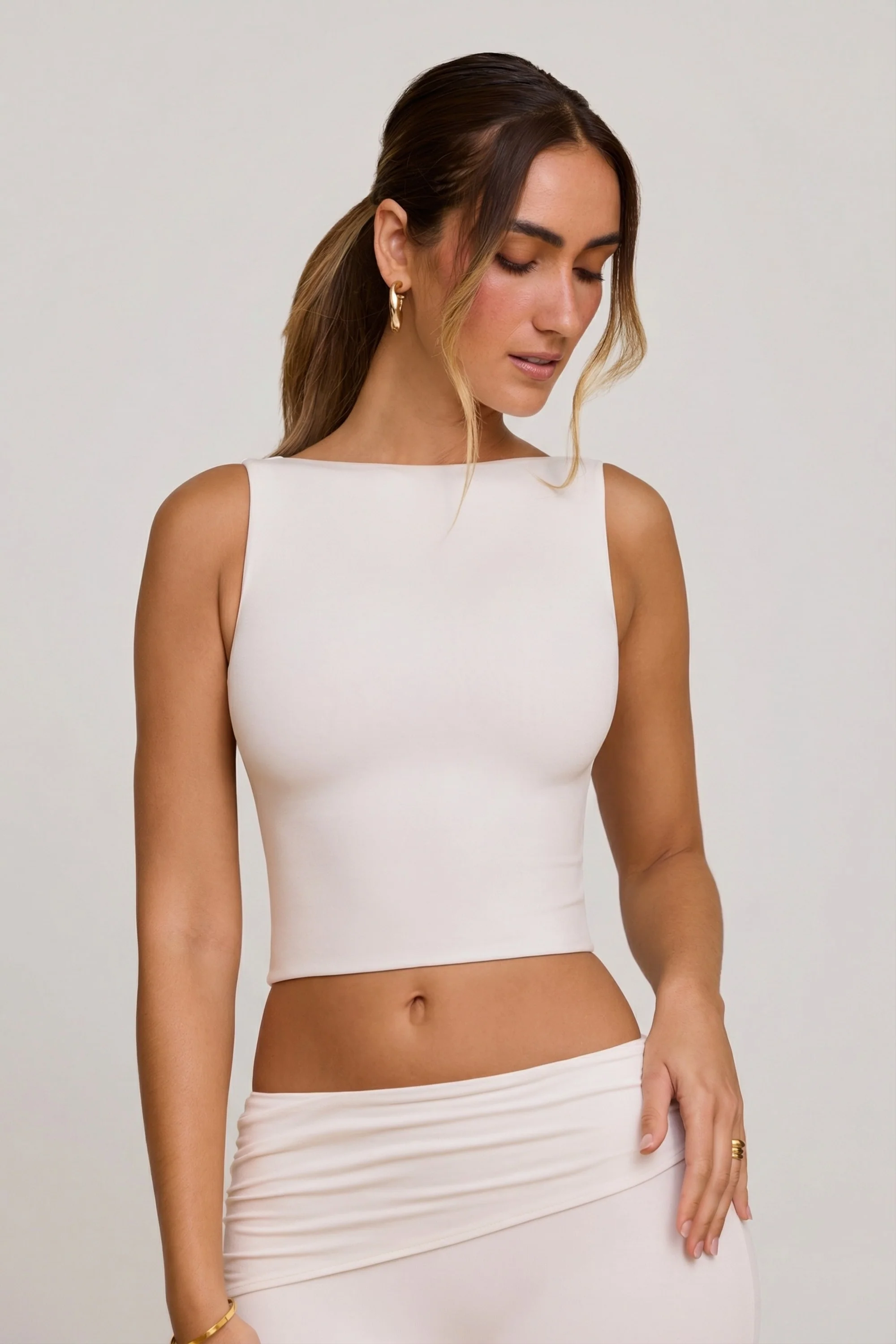 High Neck Open Back Crop Top in White - Image 6