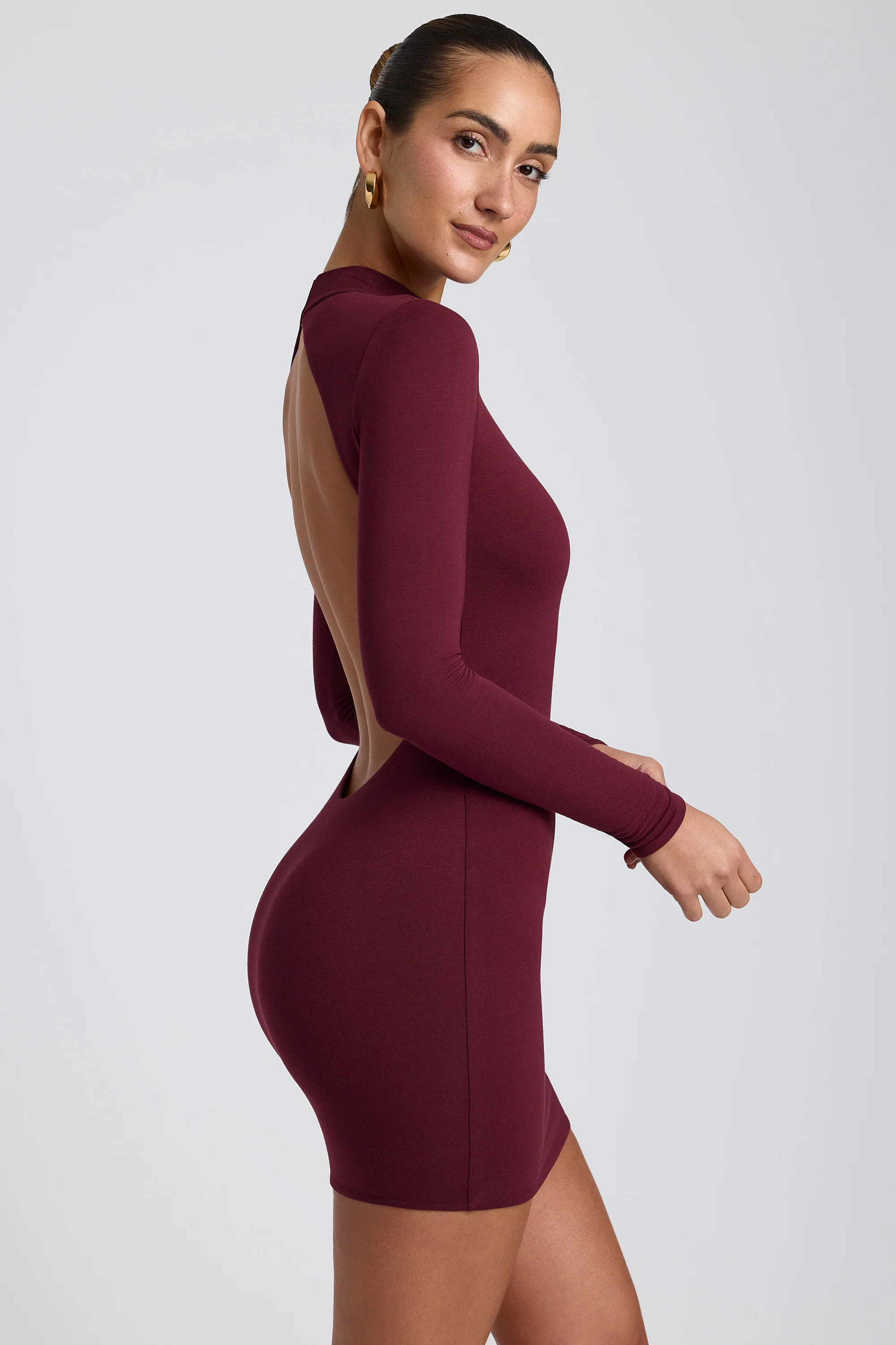 Modal Open-Back Long-Sleeve Mini Dress in Plum - Image 3