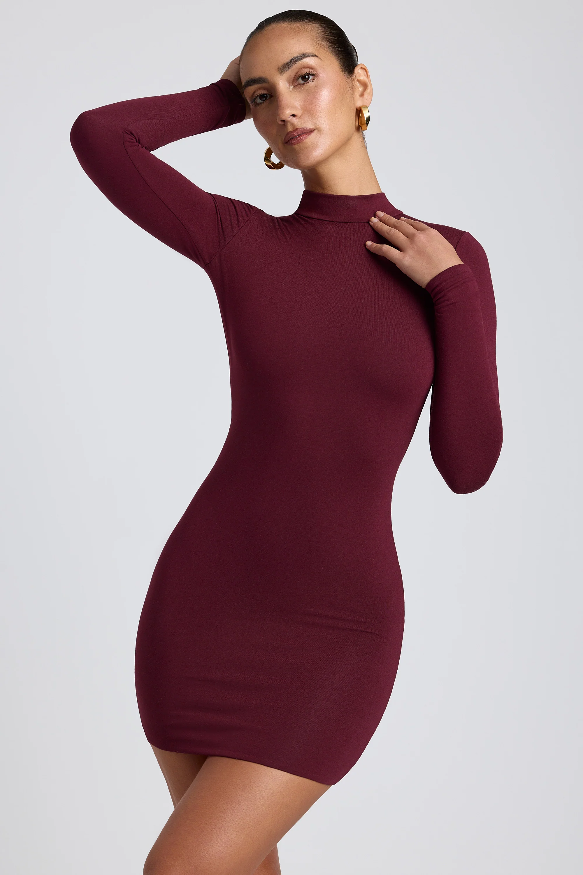 Modal Open-Back Long-Sleeve Mini Dress in Plum - Image 7