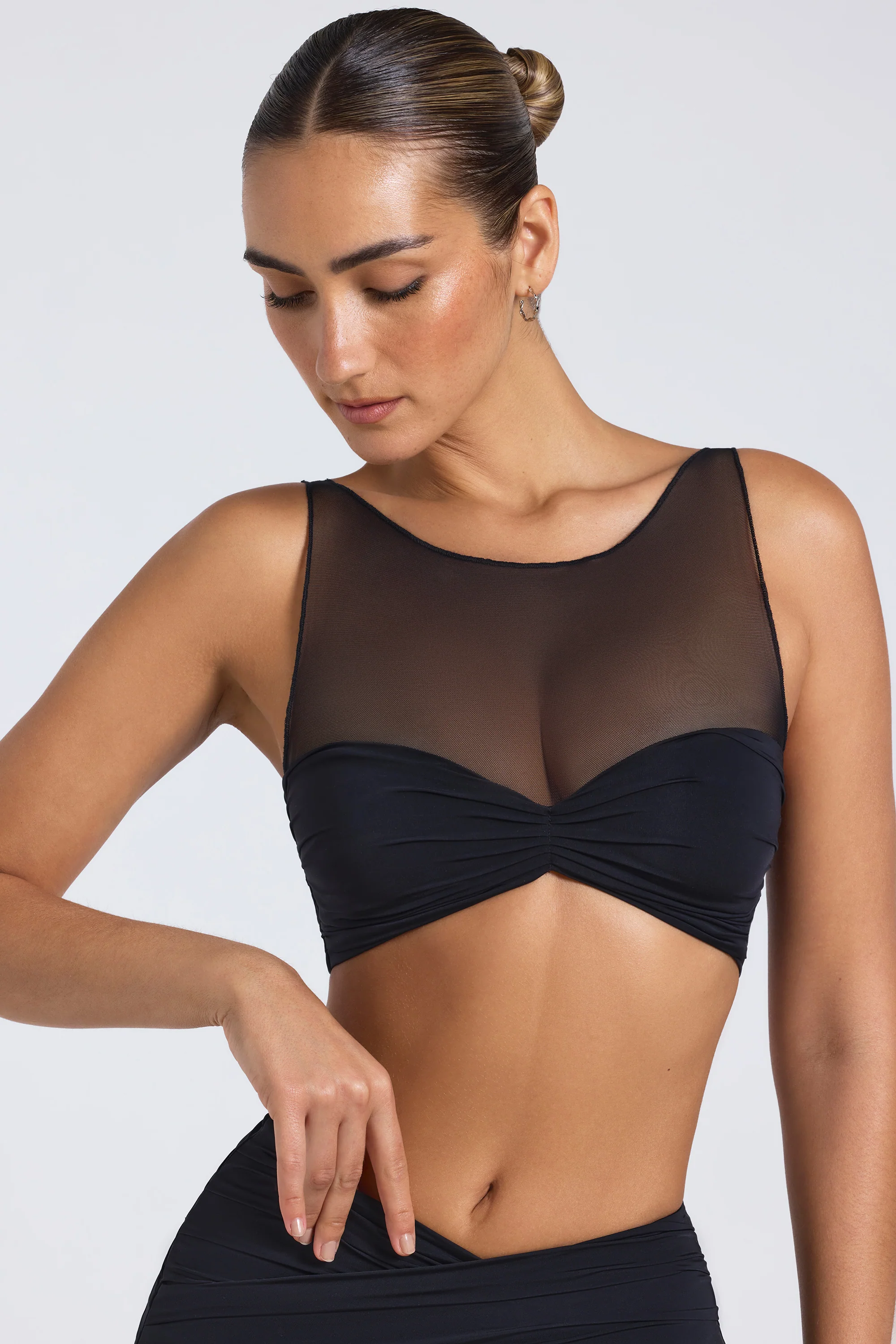 Sheer Panelled Ruched Crop Top in Black - Image 5