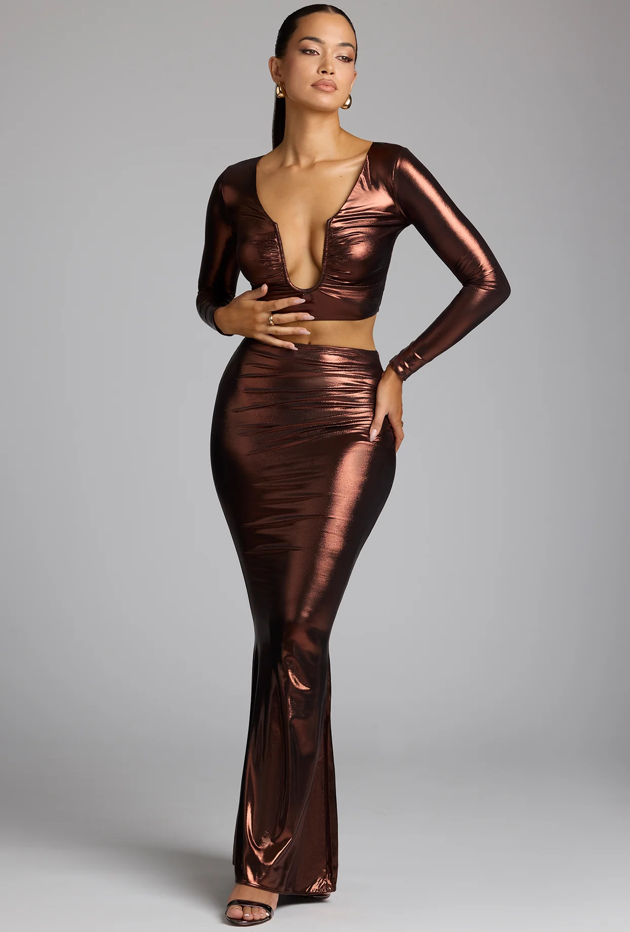 Mid Rise Metallic Jersey Gown Skirt in Copper Bronze - Image 5