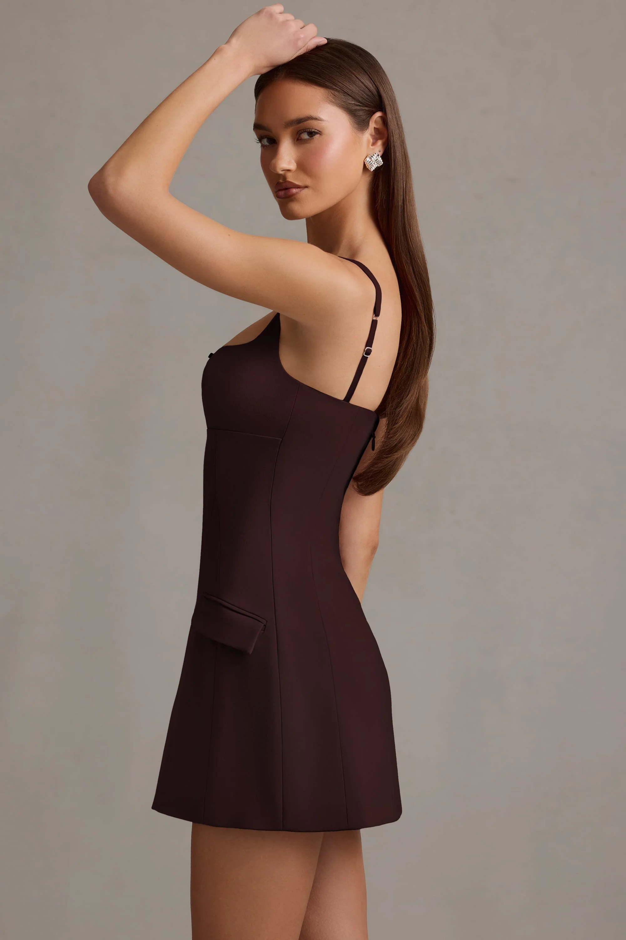 Cut-Out Structured A-Line Mini Dress in Chocolate Brown - Image 3