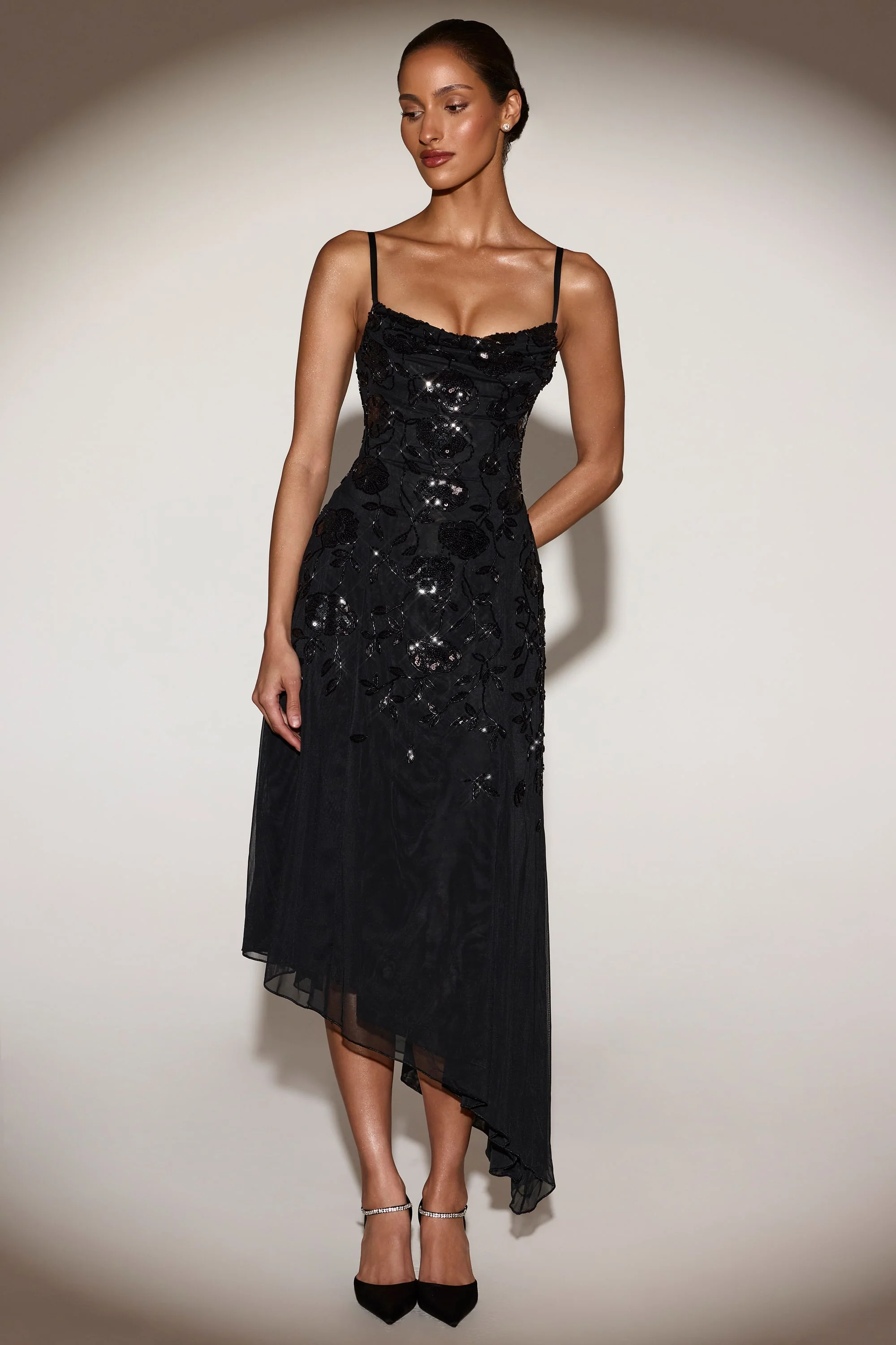Embellished Soft-Scoop Asymmetric Midaxi Dress in Black - Image 6