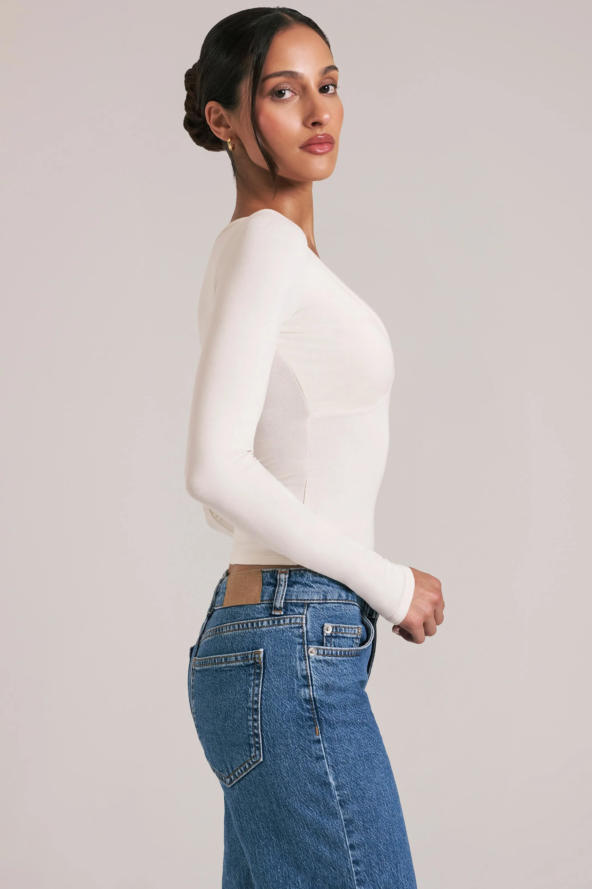 V-Neck Long-Sleeve Top  in Vanilla - Image 3